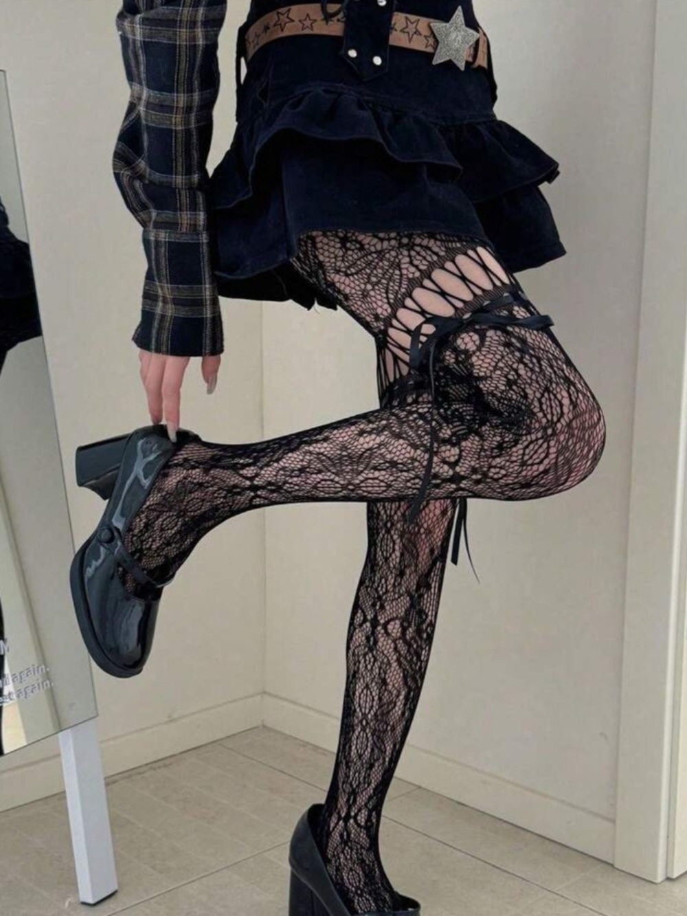 Black Lace Patterned Sheer Tights with Side Ribbon Detail